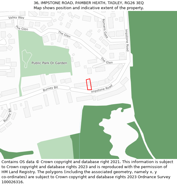 36, IMPSTONE ROAD, PAMBER HEATH, TADLEY, RG26 3EQ: Location map and indicative extent of plot