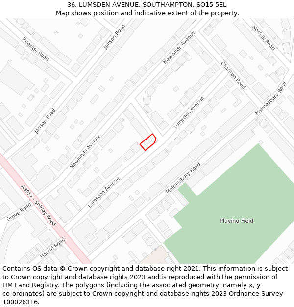 36, LUMSDEN AVENUE, SOUTHAMPTON, SO15 5EL: Location map and indicative extent of plot