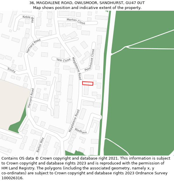 36, MAGDALENE ROAD, OWLSMOOR, SANDHURST, GU47 0UT: Location map and indicative extent of plot