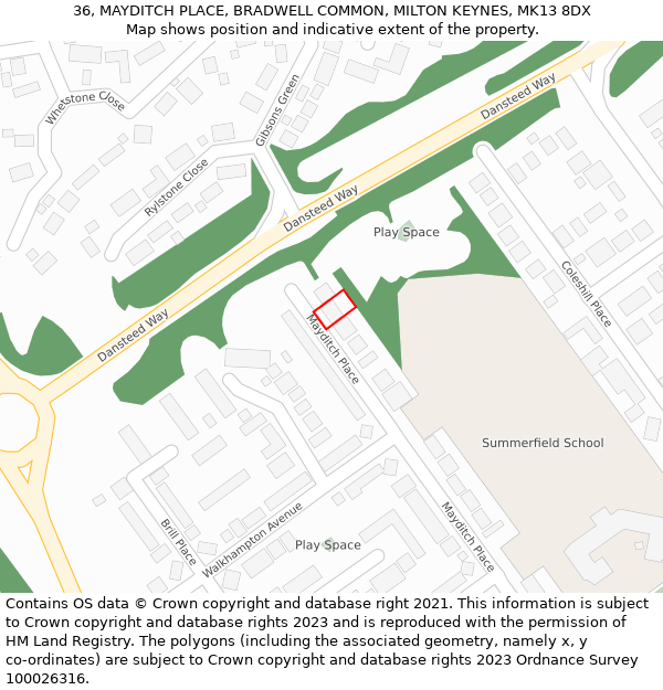 36, MAYDITCH PLACE, BRADWELL COMMON, MILTON KEYNES, MK13 8DX: Location map and indicative extent of plot