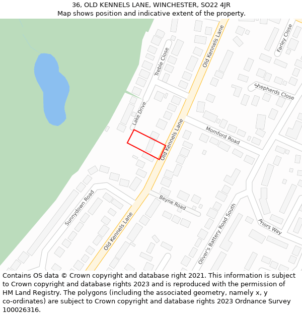 36, OLD KENNELS LANE, WINCHESTER, SO22 4JR: Location map and indicative extent of plot