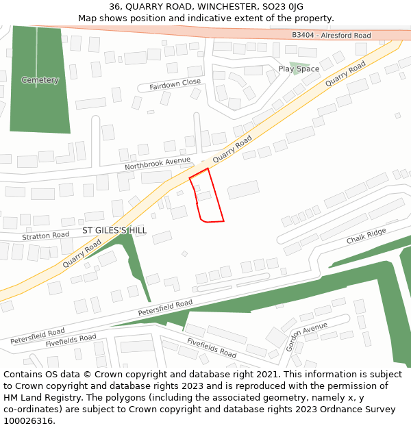 36, QUARRY ROAD, WINCHESTER, SO23 0JG: Location map and indicative extent of plot