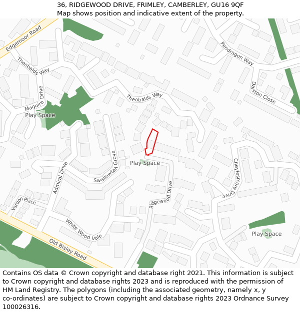 36, RIDGEWOOD DRIVE, FRIMLEY, CAMBERLEY, GU16 9QF: Location map and indicative extent of plot