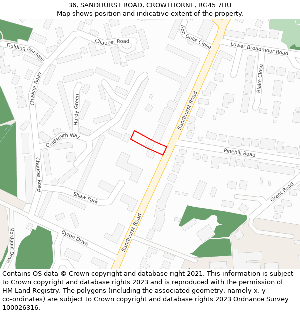 36, SANDHURST ROAD, CROWTHORNE, RG45 7HU: Location map and indicative extent of plot