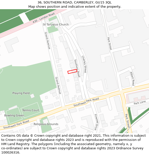 36, SOUTHERN ROAD, CAMBERLEY, GU15 3QL: Location map and indicative extent of plot