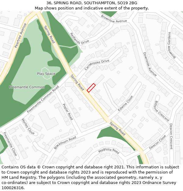 36, SPRING ROAD, SOUTHAMPTON, SO19 2BG: Location map and indicative extent of plot
