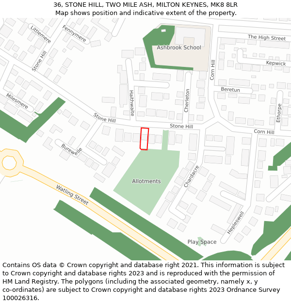 36, STONE HILL, TWO MILE ASH, MILTON KEYNES, MK8 8LR: Location map and indicative extent of plot