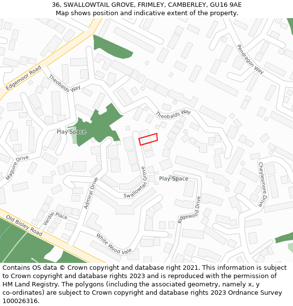 36, SWALLOWTAIL GROVE, FRIMLEY, CAMBERLEY, GU16 9AE: Location map and indicative extent of plot