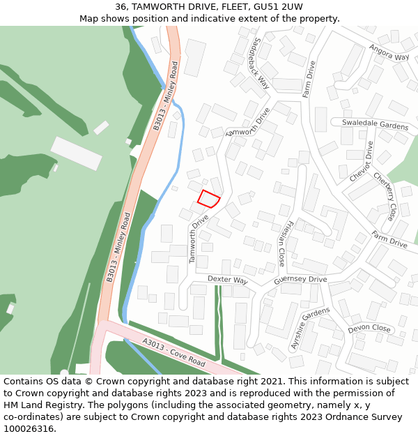 36, TAMWORTH DRIVE, FLEET, GU51 2UW: Location map and indicative extent of plot