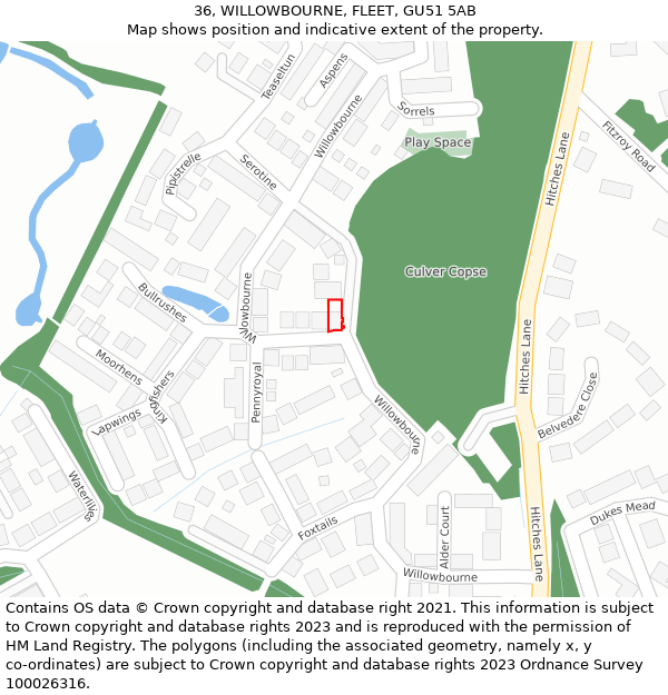 36, WILLOWBOURNE, FLEET, GU51 5AB: Location map and indicative extent of plot