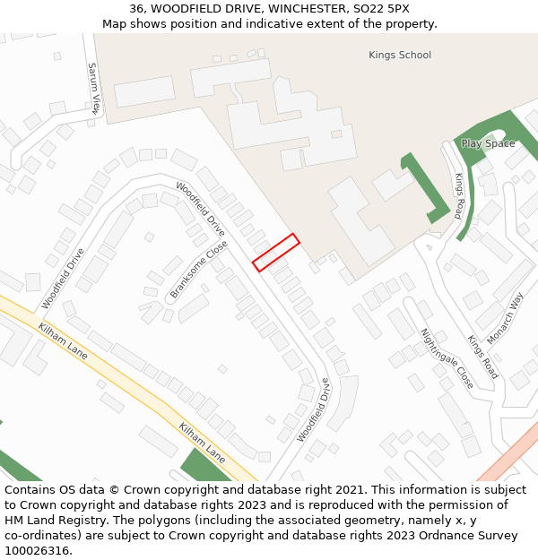 36, WOODFIELD DRIVE, WINCHESTER, SO22 5PX: Location map and indicative extent of plot