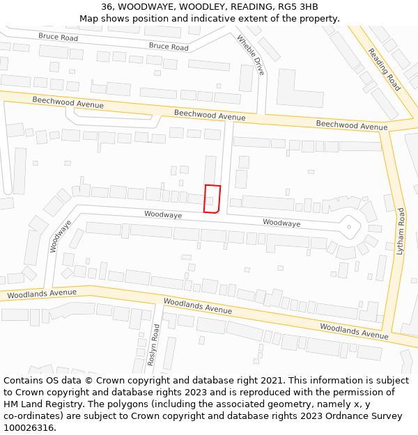 36, WOODWAYE, WOODLEY, READING, RG5 3HB: Location map and indicative extent of plot