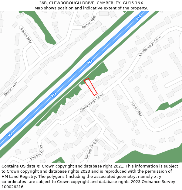 36B, CLEWBOROUGH DRIVE, CAMBERLEY, GU15 1NX: Location map and indicative extent of plot