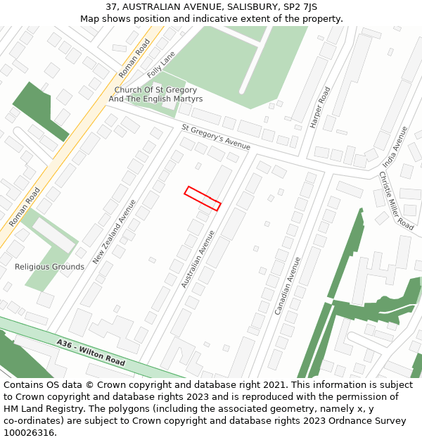 37, AUSTRALIAN AVENUE, SALISBURY, SP2 7JS: Location map and indicative extent of plot