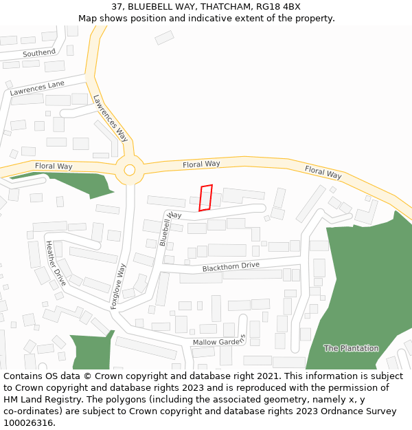 37, BLUEBELL WAY, THATCHAM, RG18 4BX: Location map and indicative extent of plot