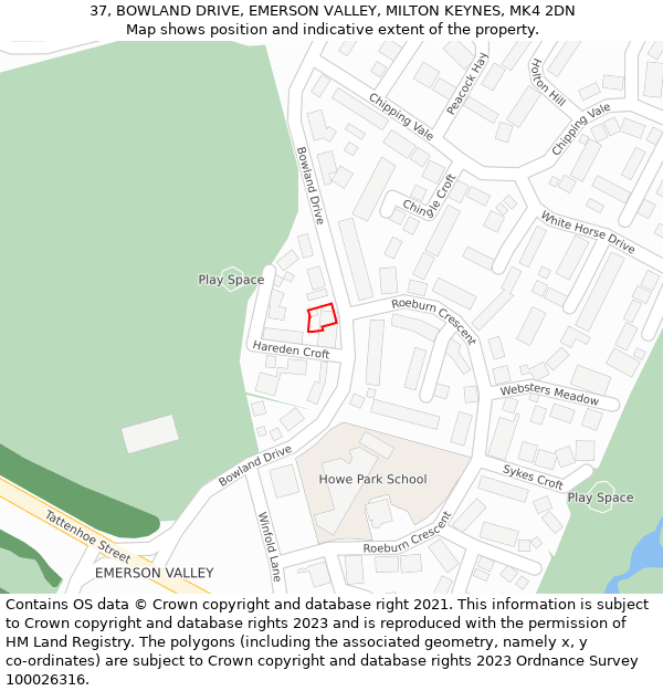 37, BOWLAND DRIVE, EMERSON VALLEY, MILTON KEYNES, MK4 2DN: Location map and indicative extent of plot