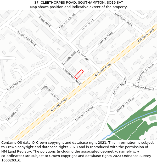 37, CLEETHORPES ROAD, SOUTHAMPTON, SO19 8AT: Location map and indicative extent of plot