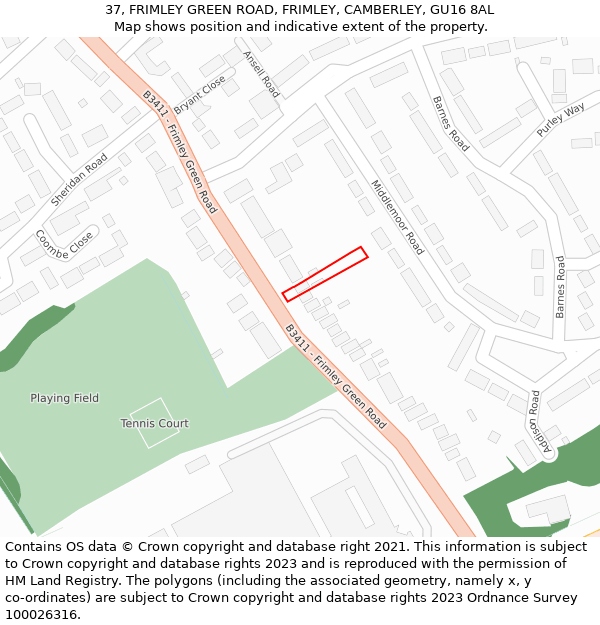 37, FRIMLEY GREEN ROAD, FRIMLEY, CAMBERLEY, GU16 8AL: Location map and indicative extent of plot