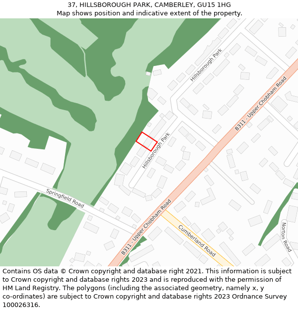 37, HILLSBOROUGH PARK, CAMBERLEY, GU15 1HG: Location map and indicative extent of plot