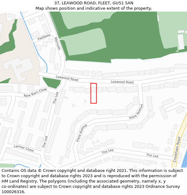 37, LEAWOOD ROAD, FLEET, GU51 5AN: Location map and indicative extent of plot