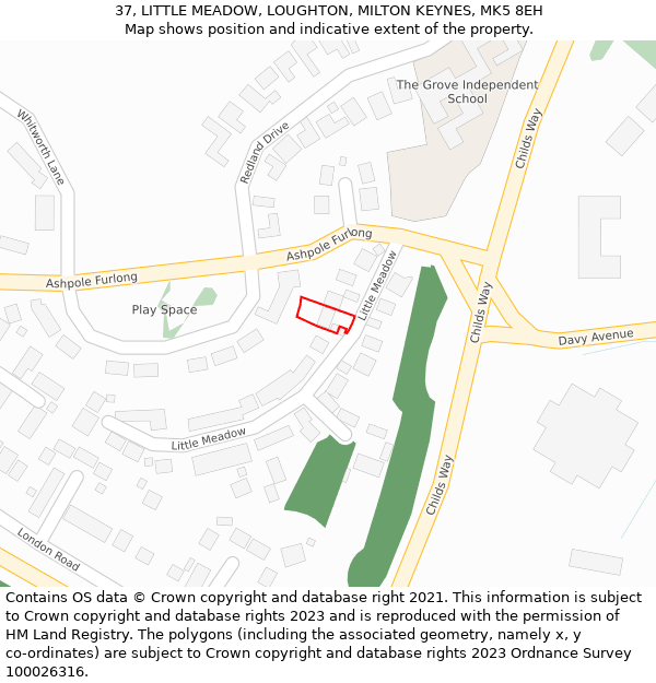 37, LITTLE MEADOW, LOUGHTON, MILTON KEYNES, MK5 8EH: Location map and indicative extent of plot