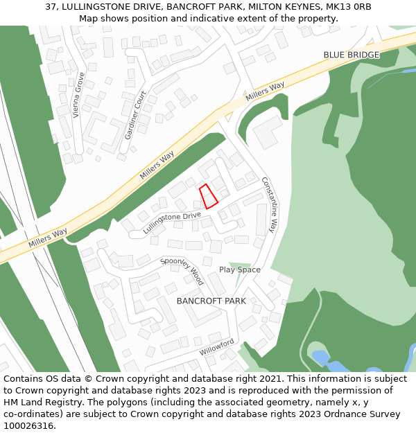 37, LULLINGSTONE DRIVE, BANCROFT PARK, MILTON KEYNES, MK13 0RB: Location map and indicative extent of plot