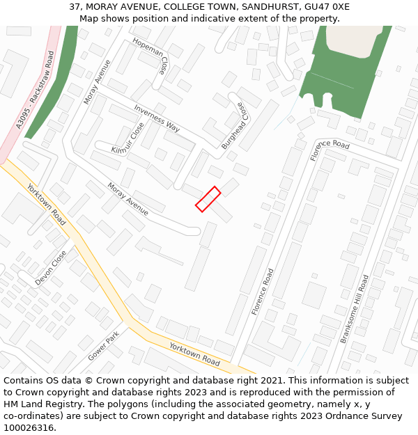 37, MORAY AVENUE, COLLEGE TOWN, SANDHURST, GU47 0XE: Location map and indicative extent of plot