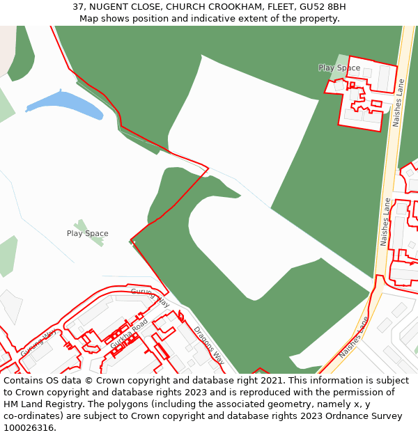 37, NUGENT CLOSE, CHURCH CROOKHAM, FLEET, GU52 8BH: Location map and indicative extent of plot