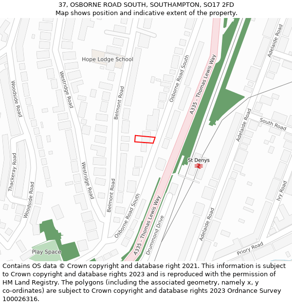 37, OSBORNE ROAD SOUTH, SOUTHAMPTON, SO17 2FD: Location map and indicative extent of plot