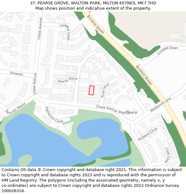 37, PEARSE GROVE, WALTON PARK, MILTON KEYNES, MK7 7HD: Location map and indicative extent of plot