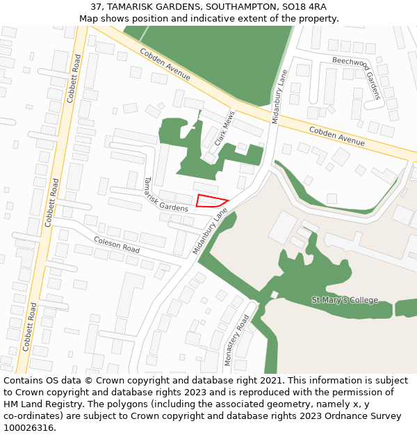 37, TAMARISK GARDENS, SOUTHAMPTON, SO18 4RA: Location map and indicative extent of plot