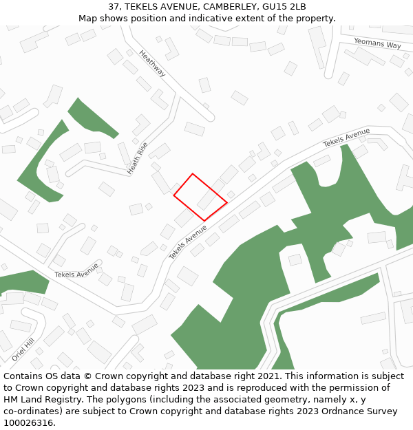 37, TEKELS AVENUE, CAMBERLEY, GU15 2LB: Location map and indicative extent of plot