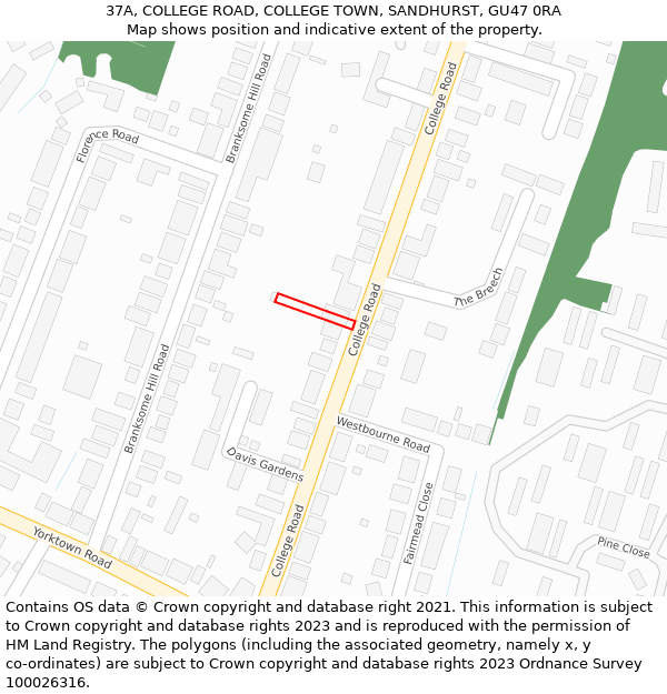 37A, COLLEGE ROAD, COLLEGE TOWN, SANDHURST, GU47 0RA: Location map and indicative extent of plot
