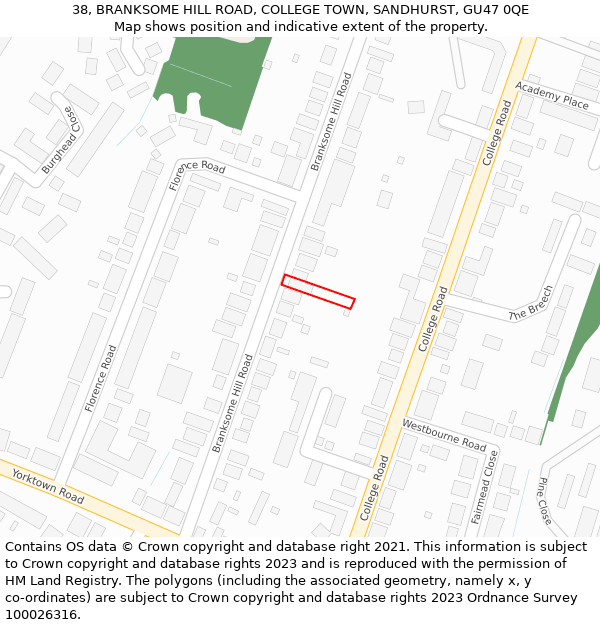 38, BRANKSOME HILL ROAD, COLLEGE TOWN, SANDHURST, GU47 0QE: Location map and indicative extent of plot