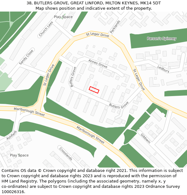 38, BUTLERS GROVE, GREAT LINFORD, MILTON KEYNES, MK14 5DT: Location map and indicative extent of plot