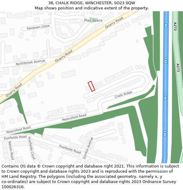 38, CHALK RIDGE, WINCHESTER, SO23 0QW: Location map and indicative extent of plot