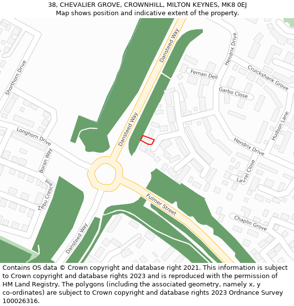 38, CHEVALIER GROVE, CROWNHILL, MILTON KEYNES, MK8 0EJ: Location map and indicative extent of plot