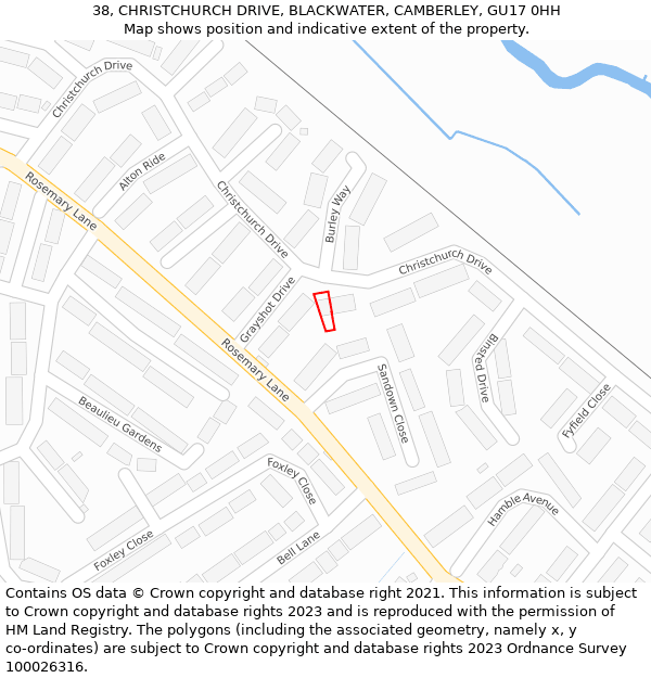 38, CHRISTCHURCH DRIVE, BLACKWATER, CAMBERLEY, GU17 0HH: Location map and indicative extent of plot