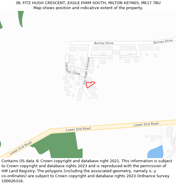 38, FITZ HUGH CRESCENT, EAGLE FARM SOUTH, MILTON KEYNES, MK17 7BU: Location map and indicative extent of plot