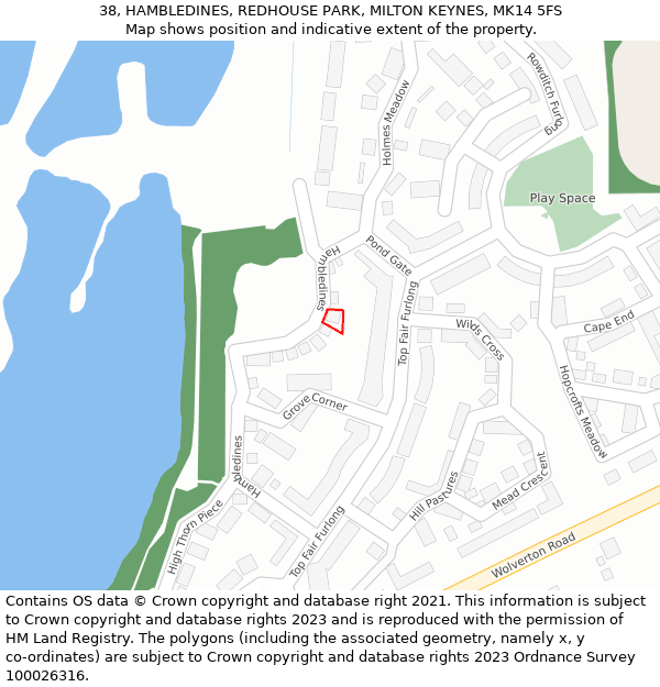 38, HAMBLEDINES, REDHOUSE PARK, MILTON KEYNES, MK14 5FS: Location map and indicative extent of plot