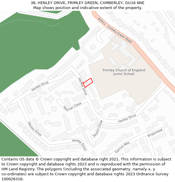 38, HENLEY DRIVE, FRIMLEY GREEN, CAMBERLEY, GU16 6NE: Location map and indicative extent of plot