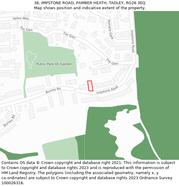 38, IMPSTONE ROAD, PAMBER HEATH, TADLEY, RG26 3EQ: Location map and indicative extent of plot