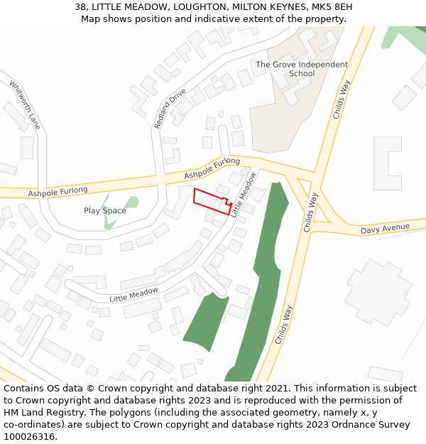 38, LITTLE MEADOW, LOUGHTON, MILTON KEYNES, MK5 8EH: Location map and indicative extent of plot