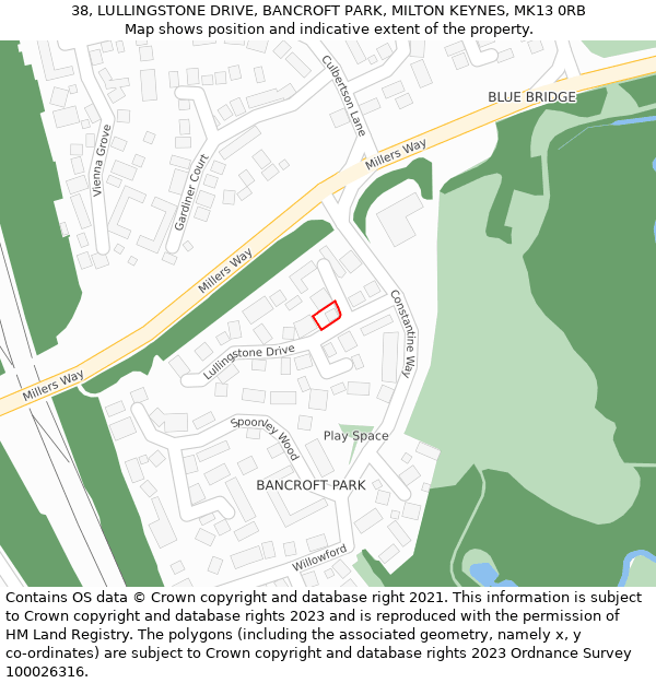 38, LULLINGSTONE DRIVE, BANCROFT PARK, MILTON KEYNES, MK13 0RB: Location map and indicative extent of plot