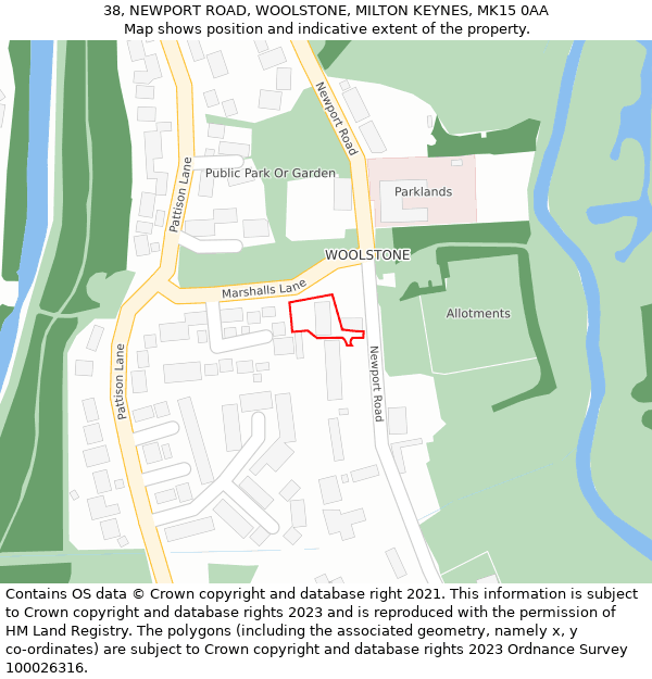 38, NEWPORT ROAD, WOOLSTONE, MILTON KEYNES, MK15 0AA: Location map and indicative extent of plot