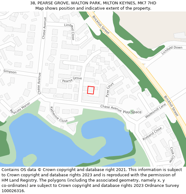 38, PEARSE GROVE, WALTON PARK, MILTON KEYNES, MK7 7HD: Location map and indicative extent of plot