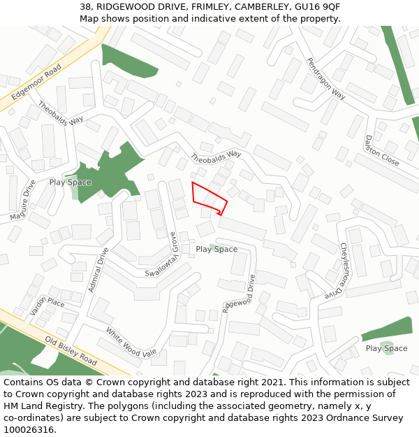 38, RIDGEWOOD DRIVE, FRIMLEY, CAMBERLEY, GU16 9QF: Location map and indicative extent of plot