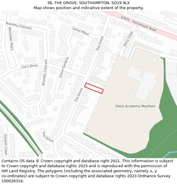 38, THE GROVE, SOUTHAMPTON, SO19 9LX: Location map and indicative extent of plot