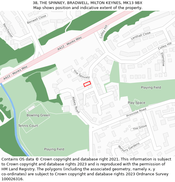 38, THE SPINNEY, BRADWELL, MILTON KEYNES, MK13 9BX: Location map and indicative extent of plot