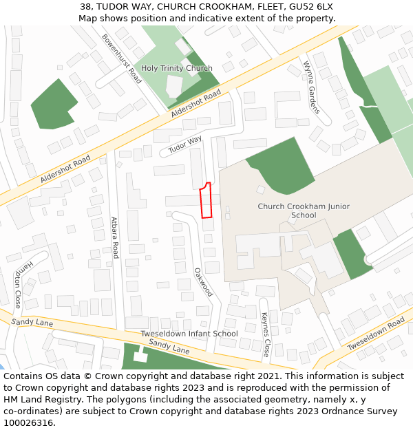 38, TUDOR WAY, CHURCH CROOKHAM, FLEET, GU52 6LX: Location map and indicative extent of plot